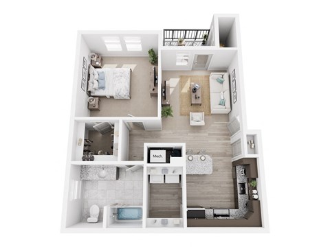a stylized floor plan with a bedroom and a living room